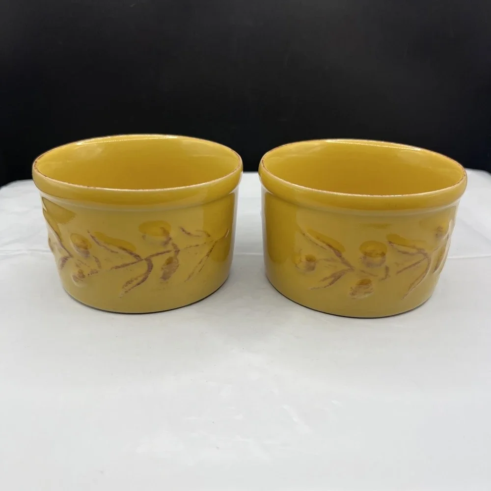 Pair 2 Cerutil Stoneware Mustard Yellow Ramekin Set Portugal Raised Olive Motif